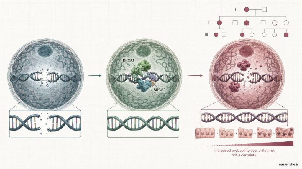 تصویر علمی نقش ژنهای BRCA1 و BRCA2 در ترمیم DNA و ارتباط اختلال ارثی آنها با افزایش احتمال ابتلا به سرطان پستان در طول زندگی