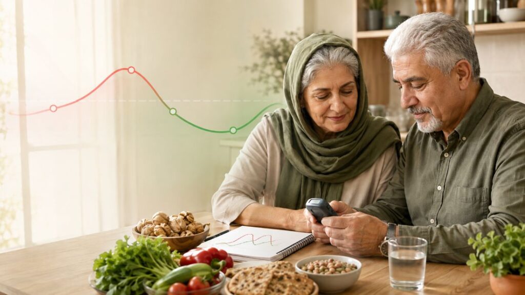 زوج ایرانی بالای ۵۰ سال در حال بررسی قند خون در کنار مواد غذایی سالم و نمودار کنترل قند