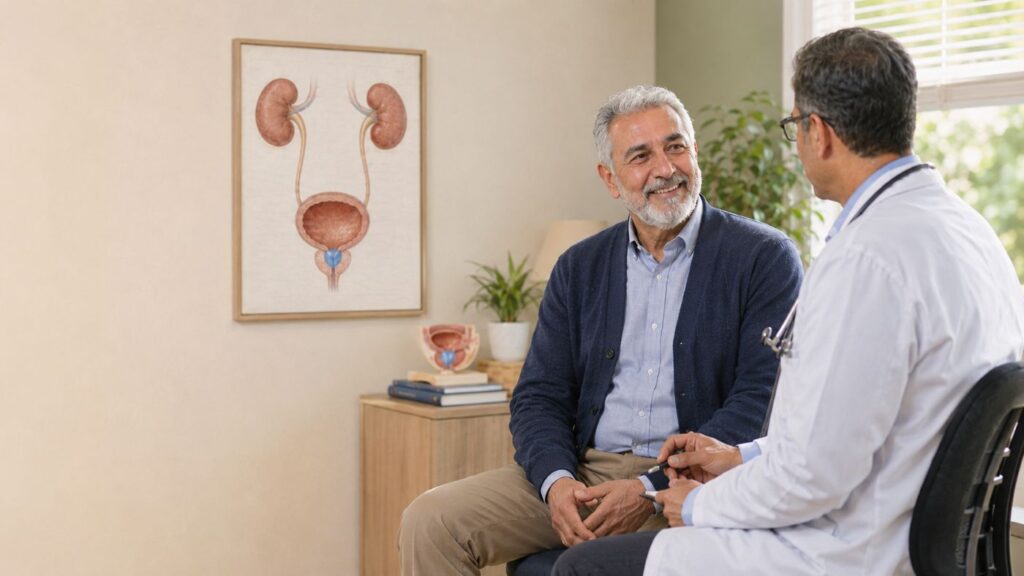 مرد بالای ۵۰ سال سرحال و طبیعی دیده می‌شود، در فضای واقعی مطب با پزشک گفت‌وگو می‌کند و پوستر علمی پروستات نیز موضوع مقاله را روشن نگه می‌دارد. تصویر بدون روبان، نوشته و لوگو است و فضای سمت چپ برای تیتر باقی مانده است.