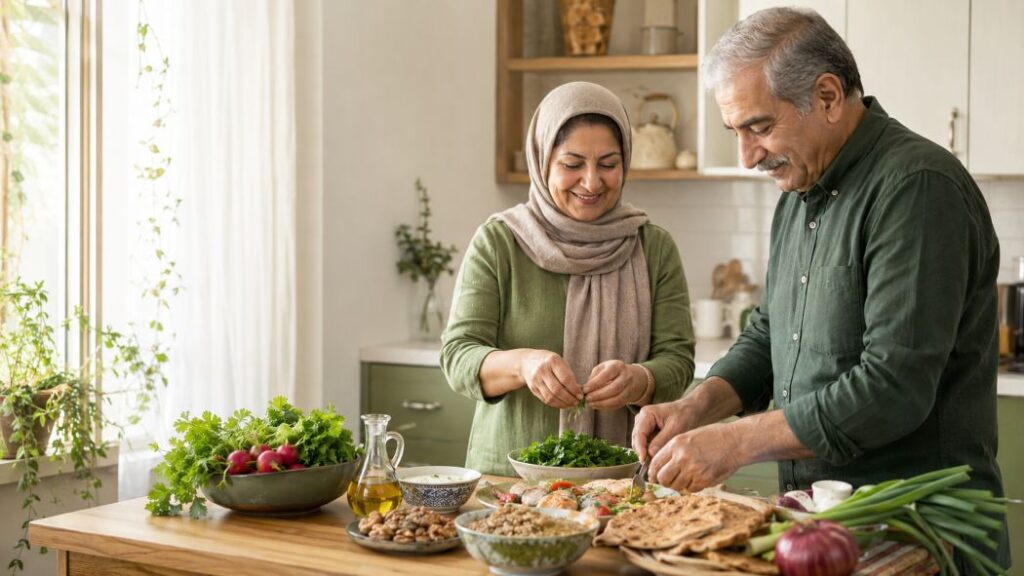 زن و مرد ایرانی بالای ۵۰ سال در آشپزخانه، در حال آماده‌کردن غذای سالم با سبزیجات تازه، حبوبات و روغن زیتون