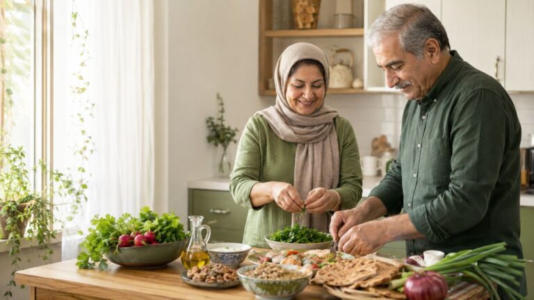 زن و مرد ایرانی بالای ۵۰ سال در آشپزخانه، در حال آماده‌کردن غذای سالم با سبزیجات تازه، حبوبات و روغن زیتون