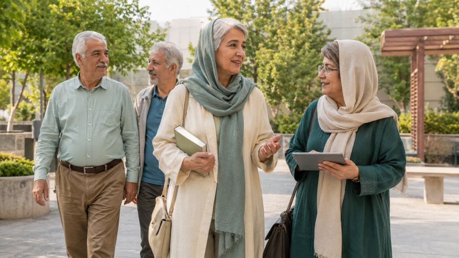 زن و مرد ایرانی بالای ۵۰ سال در حال پیاده‌روی و فعالیت بدنی در فضای سبز شهری