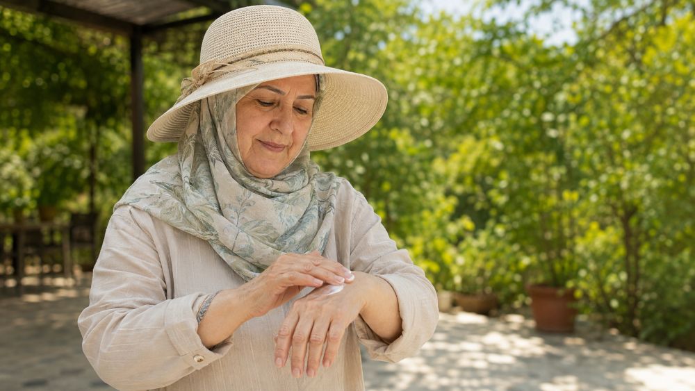 زن بالای ۵۰ سال در حال محافظت از پوست خود در برابر آفتاب و گرمای شدید